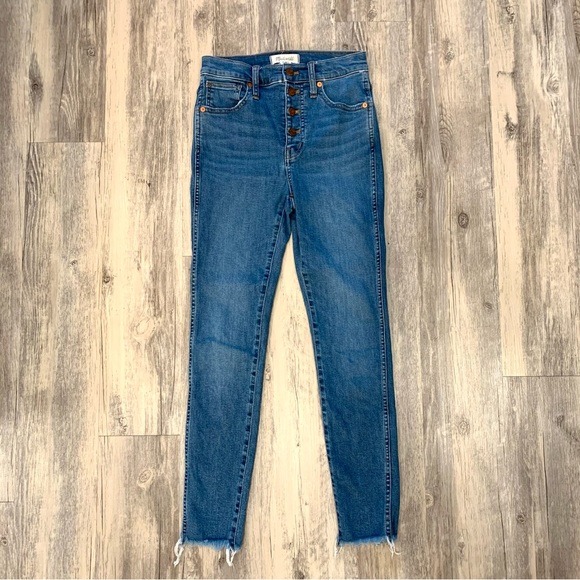 Madewell Denim - Madewell 10” High-Rise Skinny Button Fly Blue Jeans with Distressed Ankle Sz 25